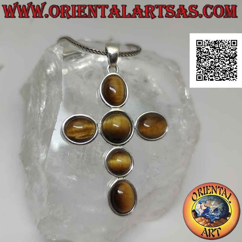 Silver pendant, latin cross of tiger eyes, round and oval cabochon with smooth edge