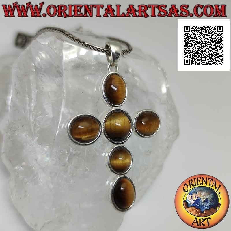 Silver pendant, latin cross of tiger eyes, round and oval cabochon with smooth edge