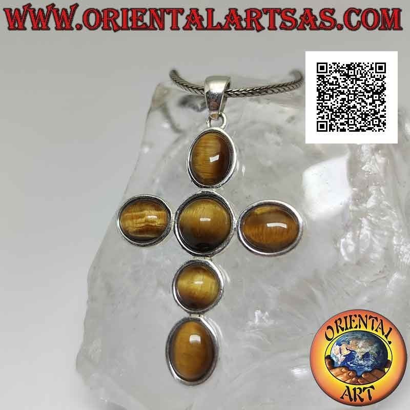 Pendentif en argent, croix latine d'yeux de tigre, cabochon rond et ovale à bord lisse