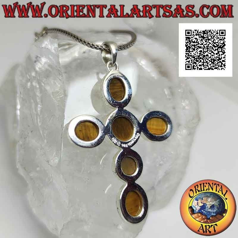Silver pendant, latin cross of tiger eyes, round and oval cabochon with smooth edge