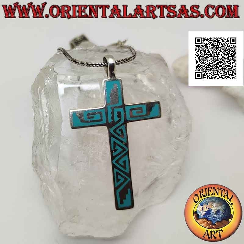 Silver pendant, smooth Latin cross with turquoise paste wire decoration