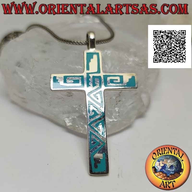 Pendentif en argent, croix latine lisse à décor de fil de pâte turquoise
