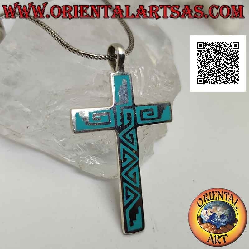 Silver pendant, smooth Latin cross with turquoise paste wire decoration