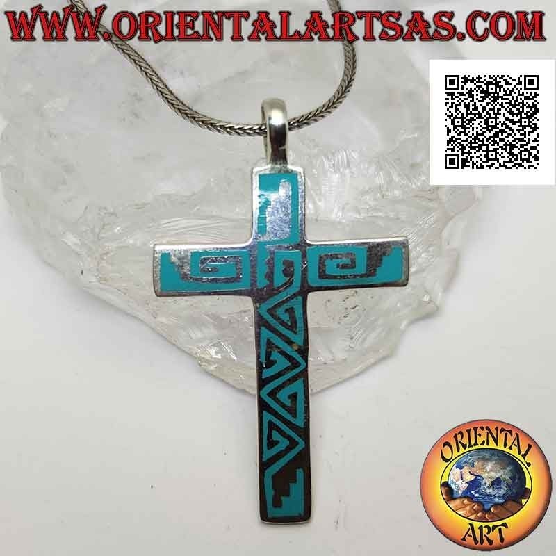Colgante de plata, cruz latina lisa con decoración de alambre de pasta turquesa