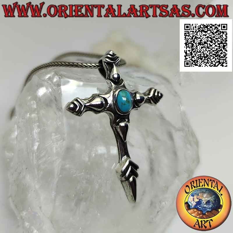 Silberanhänger, spitzes Fußkreuz mit Cabochon oval Türkis (Santiago de Compostela Stil)
