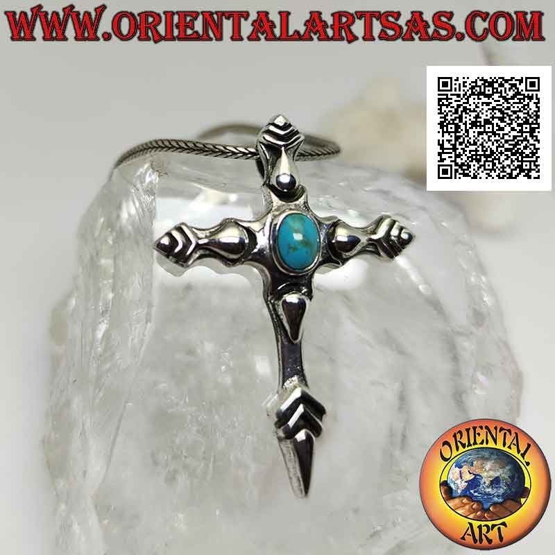 Colgante de plata, pie de cruz puntiagudo con cabujón ovalado turquesa (estilo Santiago de Compostela)