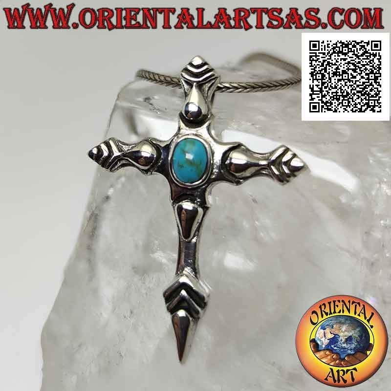 Ciondolo in argento, croce a piede aguzzo con turchese ovale cabochon (stile di Santiago de Compostela)