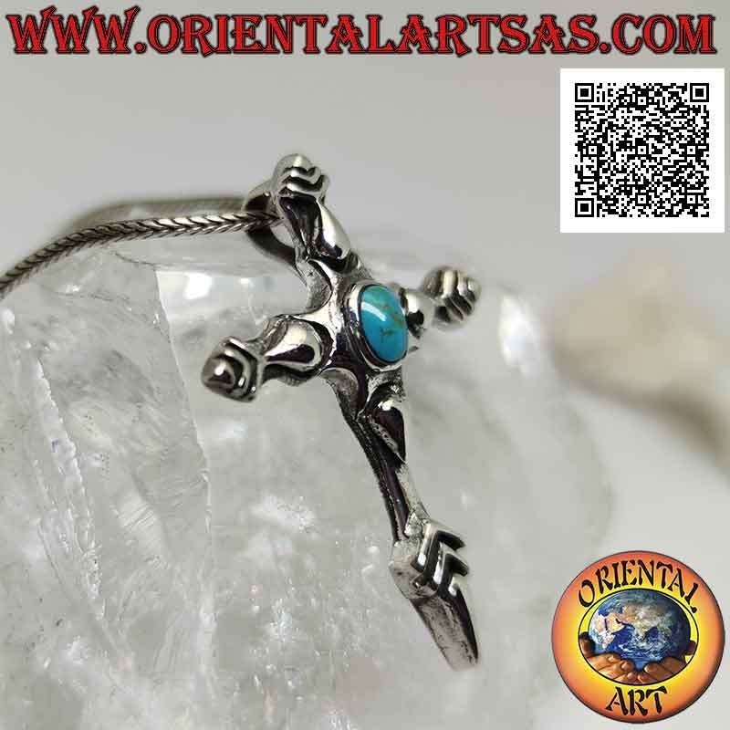 Ciondolo in argento, croce a piede aguzzo con turchese ovale cabochon (stile di Santiago de Compostela)