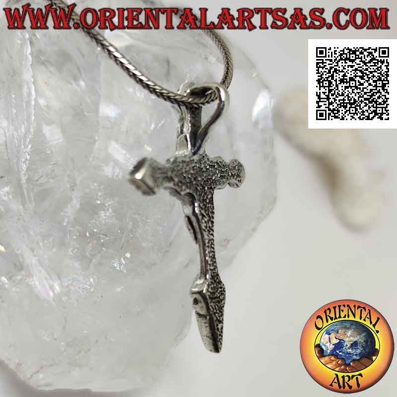 Pendentif en argent, croix pied pointu avec cabochon ovale turquoise (style Saint-Jacques-de-Compostelle)