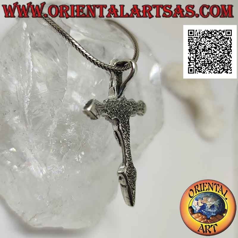 Pendentif en argent, croix pied pointu avec cabochon ovale turquoise (style Saint-Jacques-de-Compostelle)