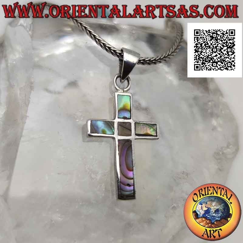 Colgante de plata, cruz latina en concha de paua (abulón) sobre engaste de plata