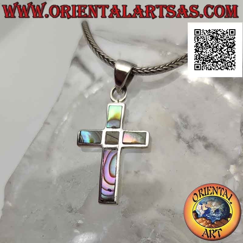 Silver pendant, Latin cross in paua shell (abalone) on silver setting