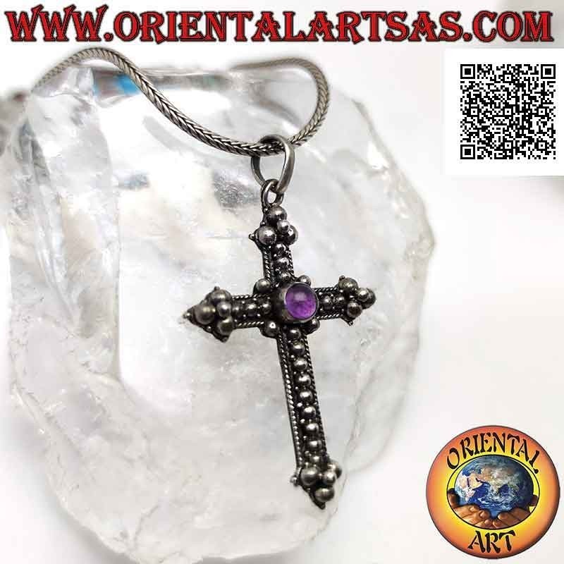 Silver pendant, orthodox cross with central round amethyst and ball decoration