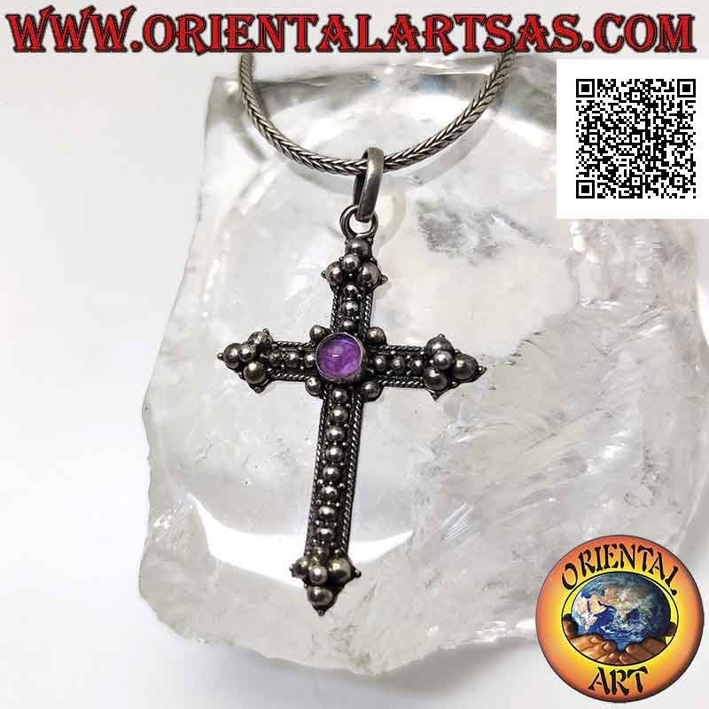 Pendentif en argent, croix orthodoxe avec améthyste ronde centrale et décoration boule