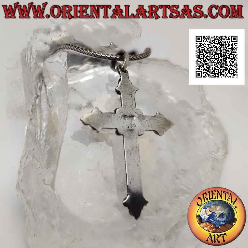 Pendentif en argent, croix orthodoxe avec améthyste ronde centrale et décoration boule