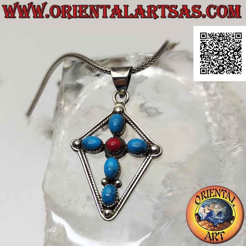 Silver pendant, Latin cross of turquoise and coral (paste) inscribed in a kite-like rhombus