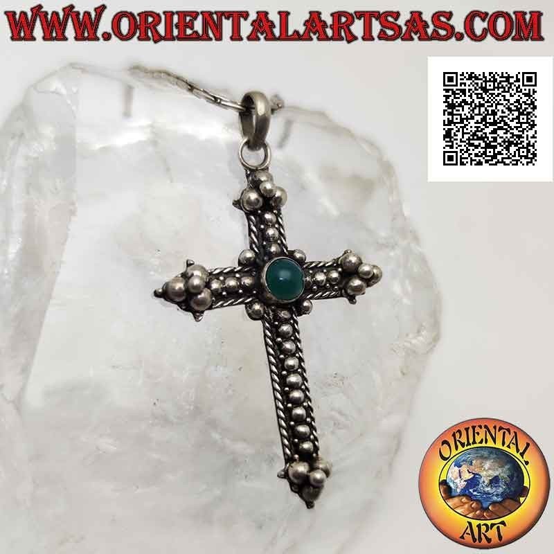 Silver pendant, orthodox cross with central round green agate and ball decoration