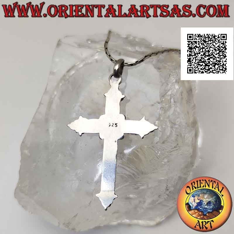 Silver pendant, orthodox cross with central round green agate and ball decoration