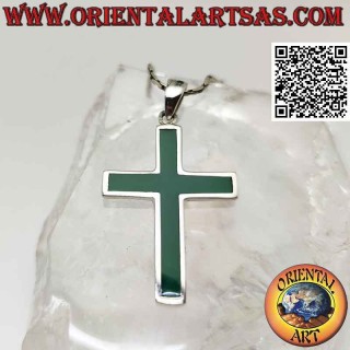 Silver pendant, green agate Latin cross with smooth edge