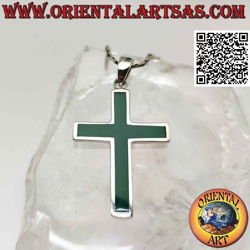 Silver pendant, green agate Latin cross with smooth edge