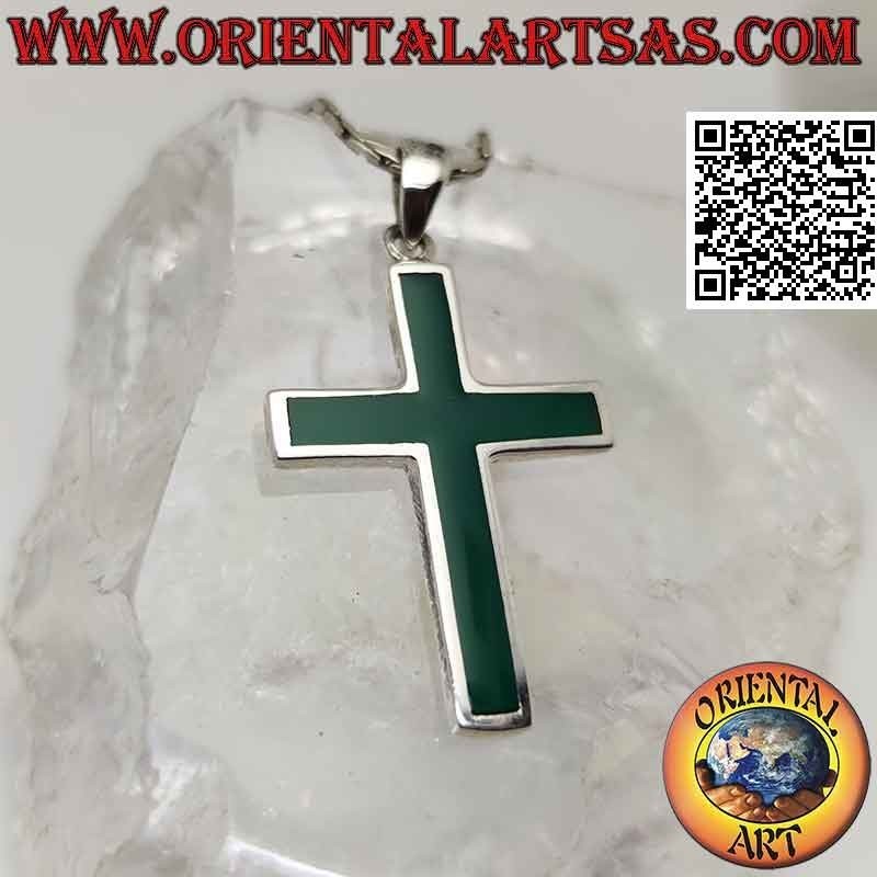 Colgante de plata, cruz latina de ágata verde con borde liso