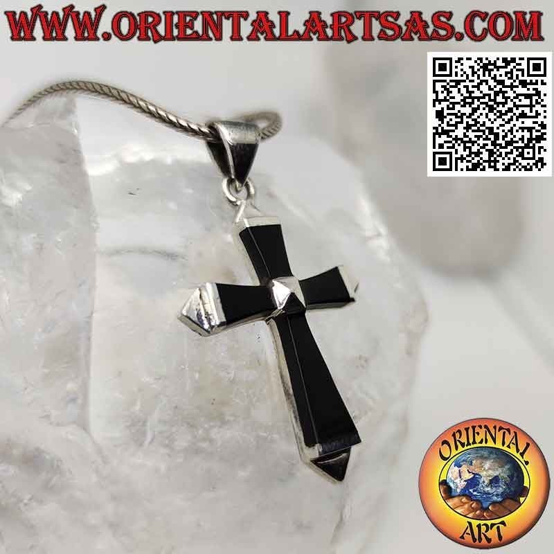 Silver pendant, onyx reticulated cross on silver setting