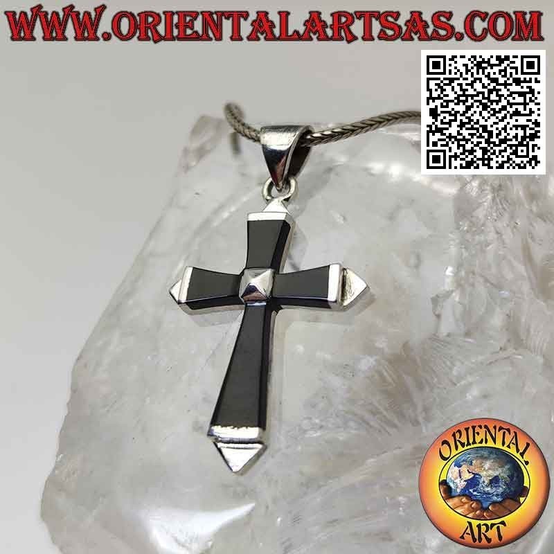 Silberanhänger, Onyx-Netzkreuz auf Silberfassung