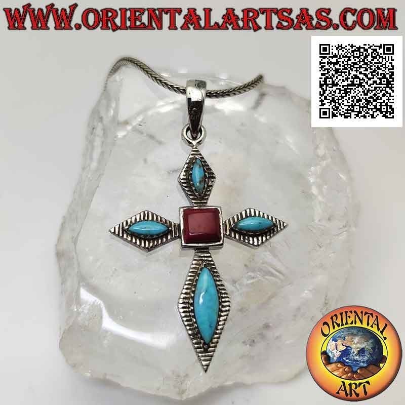Pendentif en argent, croix en argent avec navette turquoise et corail carré central