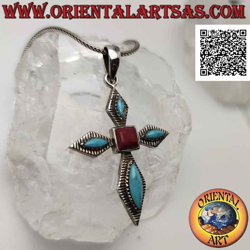 Silver pendant, silver cross with shuttle turquoise and central square coral
