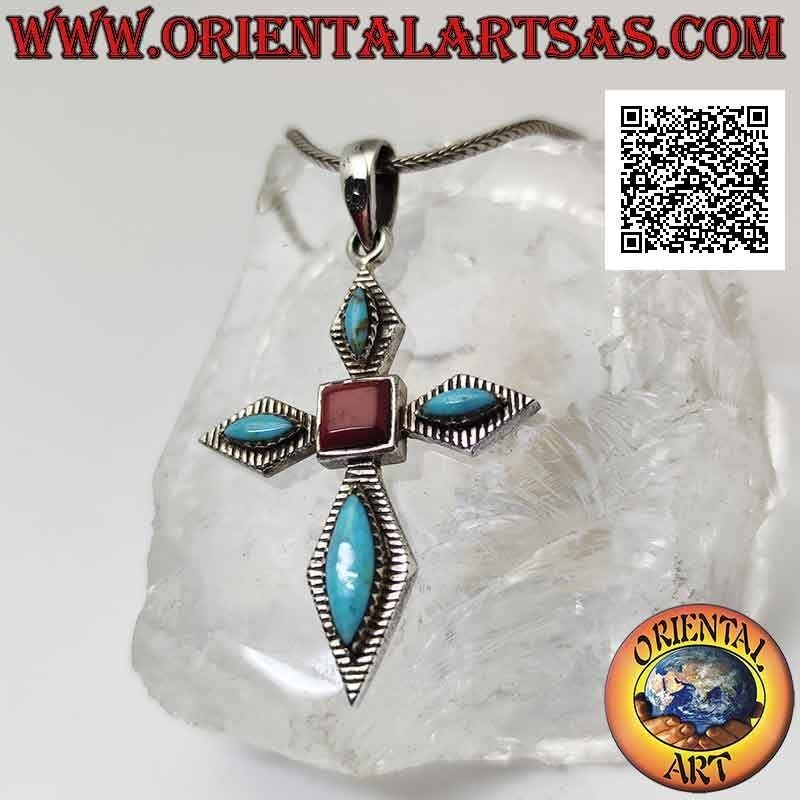 Pendentif en argent, croix en argent avec navette turquoise et corail carré central