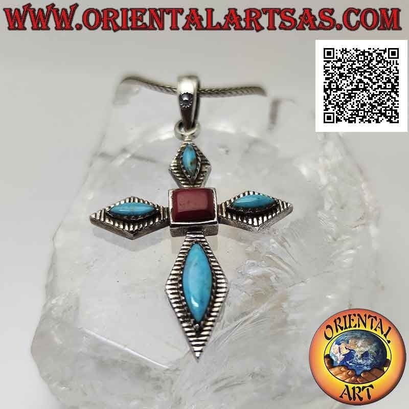Pendentif en argent, croix en argent avec navette turquoise et corail carré central