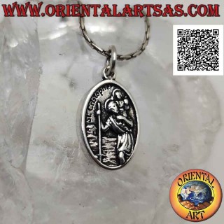 Colgante de plata, medalla ovalada sagrada con San Cristóbal con niño (escrito "ruega por nosotros" detrás)