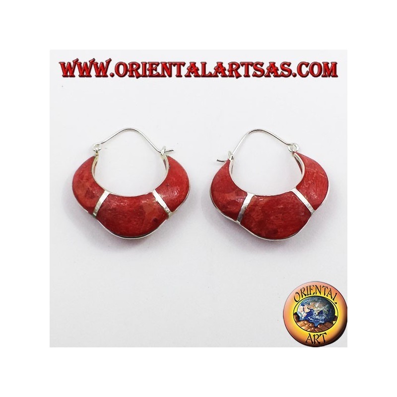 silver earrings, semi-circle crescent with coral madrepora