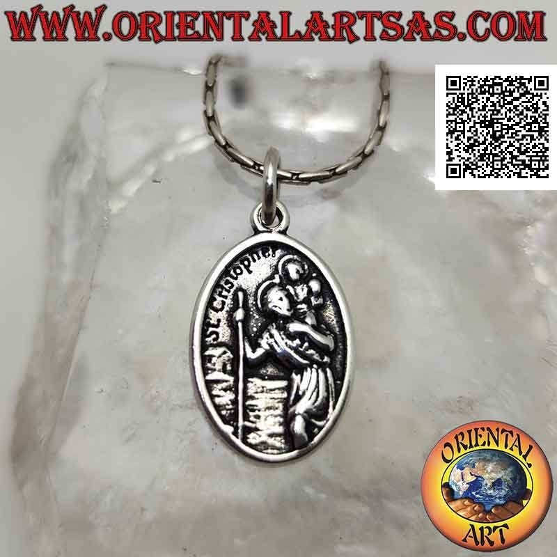 Pendentif en argent, médaille ovale sacrée avec Saint Christophe avec enfant (écrit "priez pour nous" derrière)
