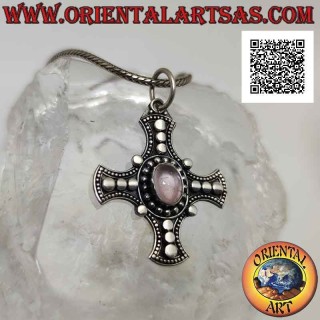 Pendentif en argent, croix celtique avec quartz rose ovale naturel et disques sur les bras