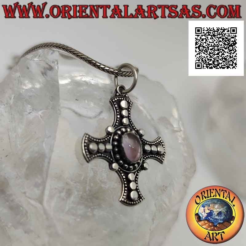 Pendentif en argent, croix celtique avec quartz rose ovale naturel et disques sur les bras