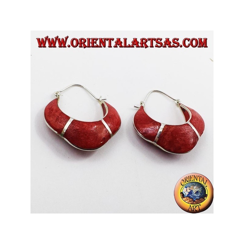 silver earrings, semi-circle crescent with coral madrepora