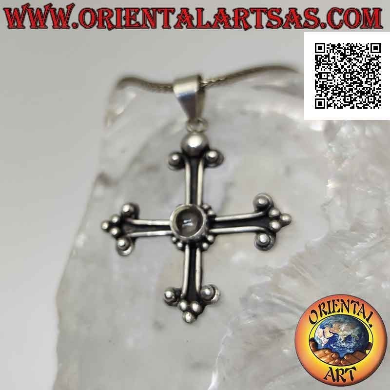 Silver pendant, cross of San Lorenzo with central round rock crystal