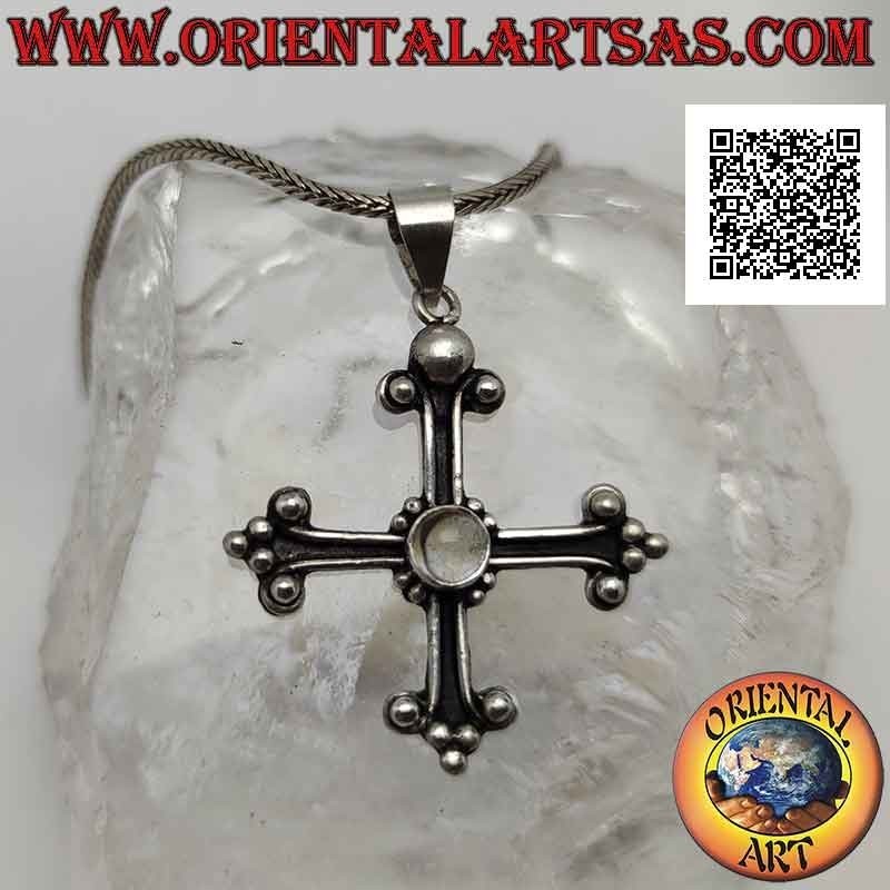 Silver pendant, cross of San Lorenzo with central round rock crystal
