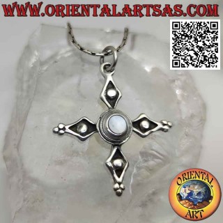 Antique Cerdanya cross silver pendant with central round mother of pearl