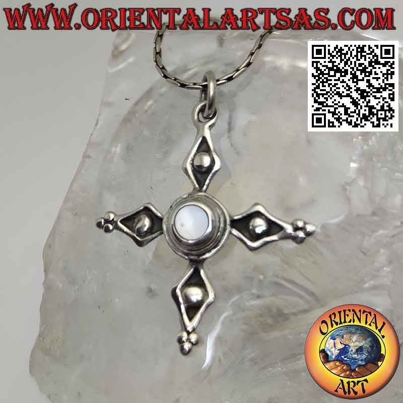 Antique Cerdanya cross silver pendant with central round mother of pearl