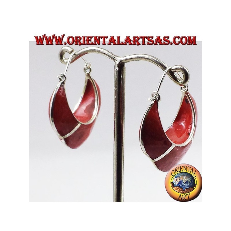 silver earrings, semi-circle crescent with coral madrepora