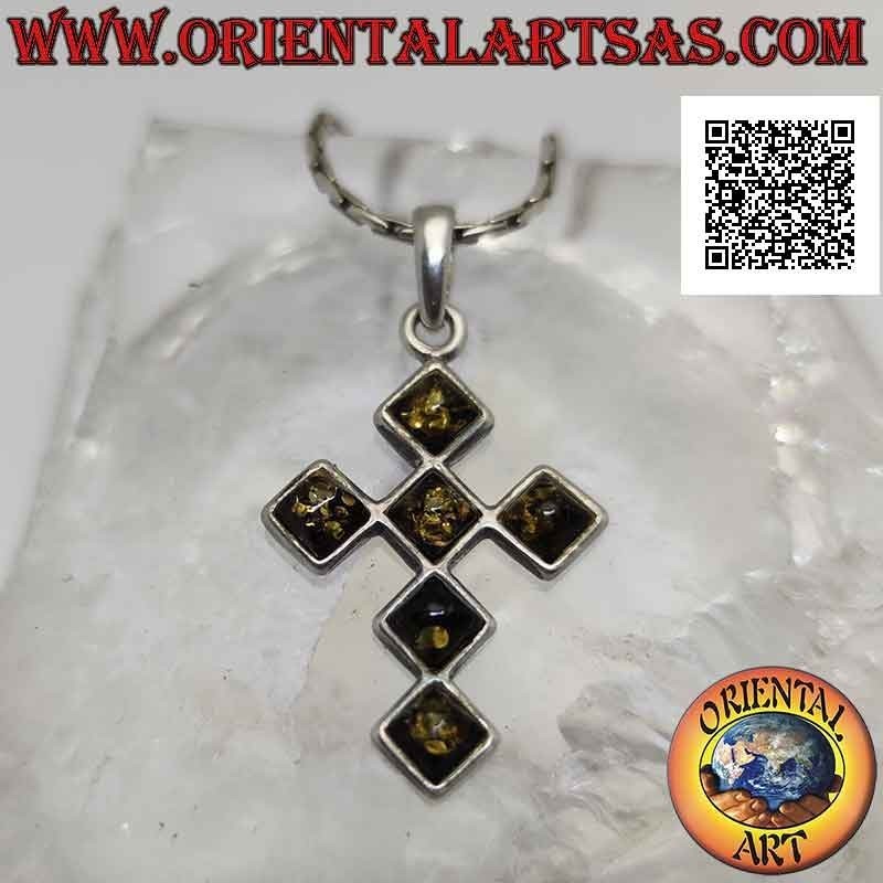 Pendentif en argent, croix latine formée de 6 losanges d'ambre équilatéraux affleurant le bord