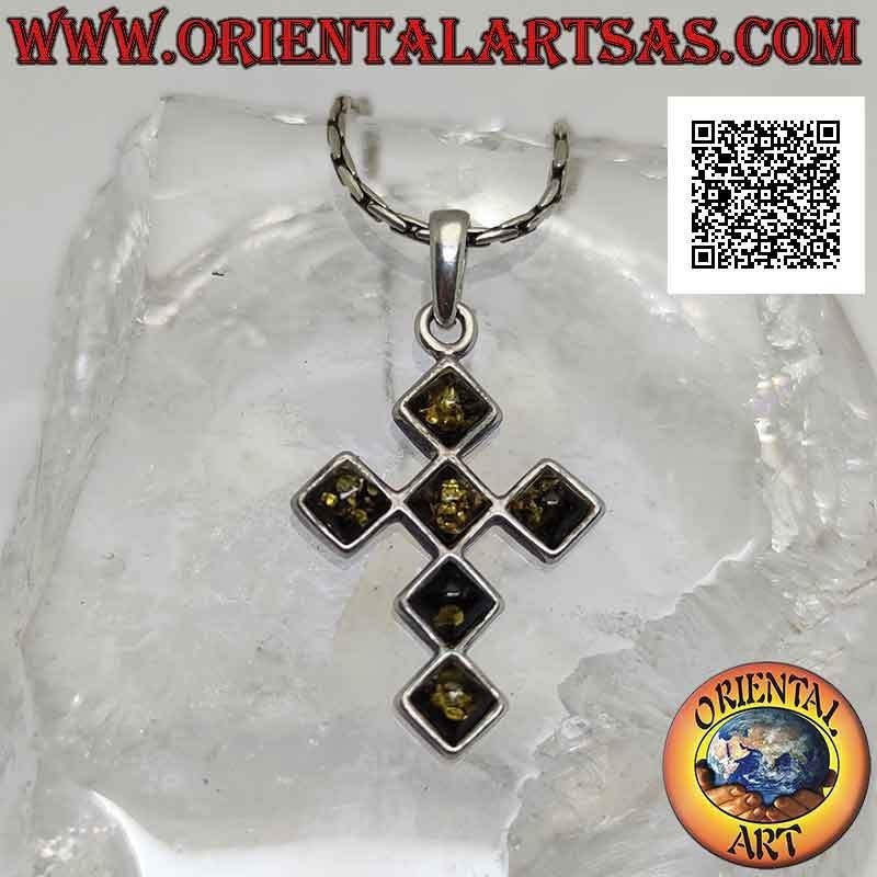 Silver pendant, Latin cross formed by 6 equilateral amber rhombuses flush with the edge