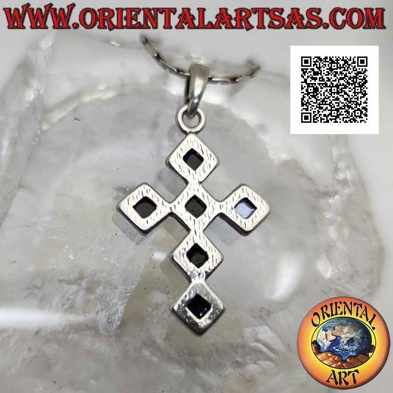 Silver pendant, Latin cross formed by 6 equilateral amber rhombuses flush with the edge