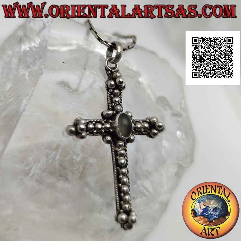 Colgante de plata, cruz ortodoxa con piedra de luna ovalada central y decoración de bolas