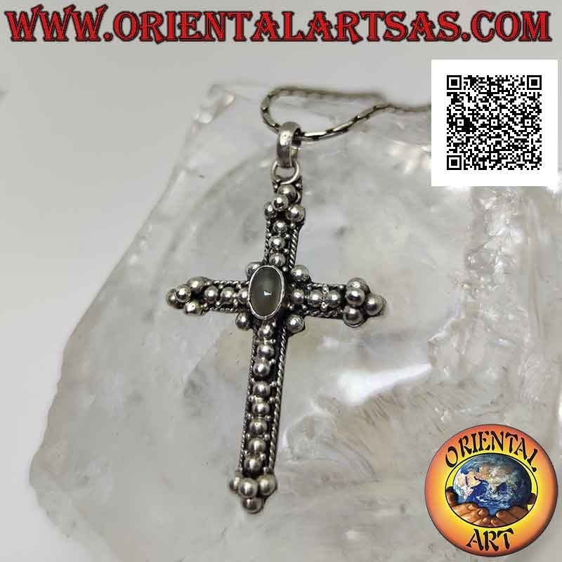 Colgante de plata, cruz ortodoxa con piedra de luna ovalada central y decoración de bolas