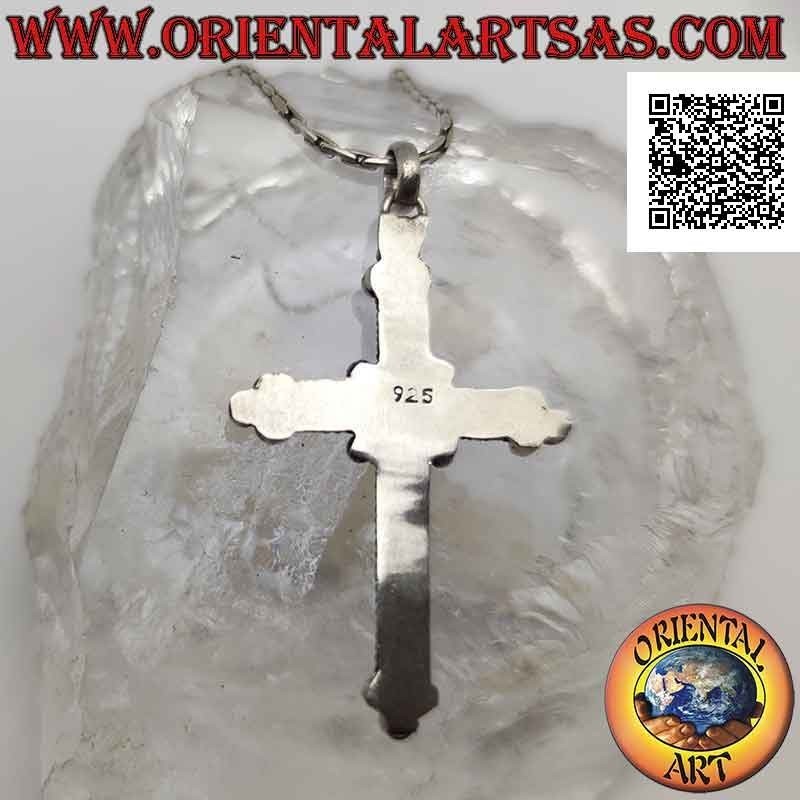 Silberanhänger, orthodoxes Kreuz mit zentralem ovalem Mondstein und Kugeldekoration