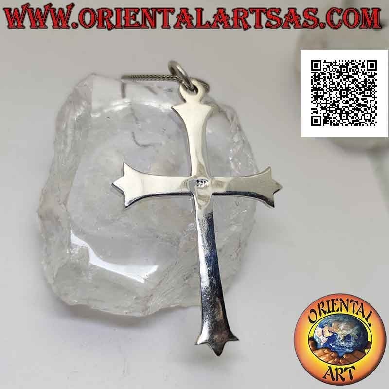 Pendentif en argent, grande croix latine lisse à trois pointes (croix de lys) 78*50