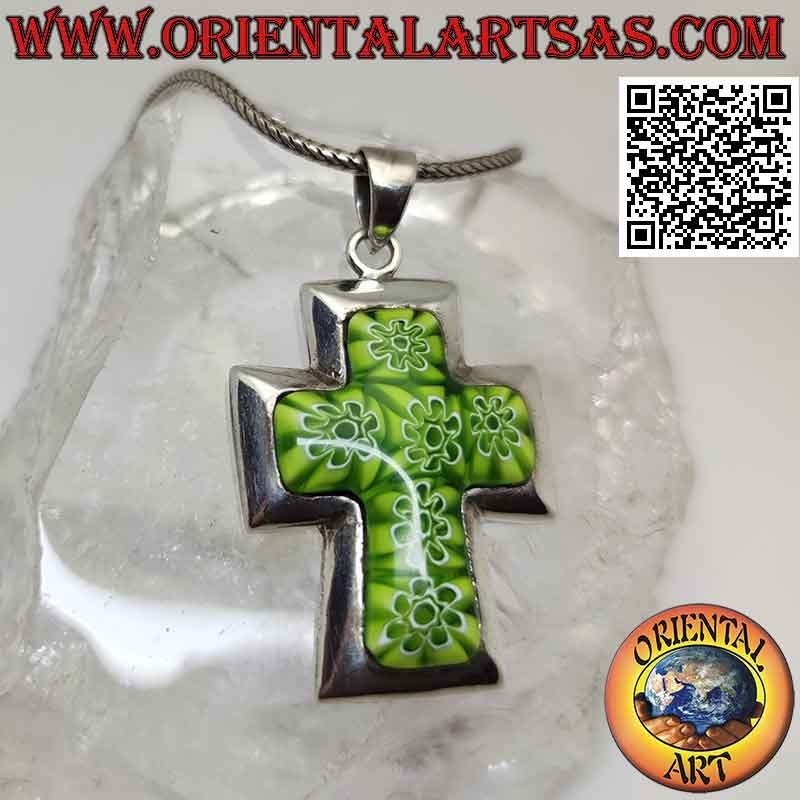Pendentif en argent, croix avec murrina (vert) et bord lisse